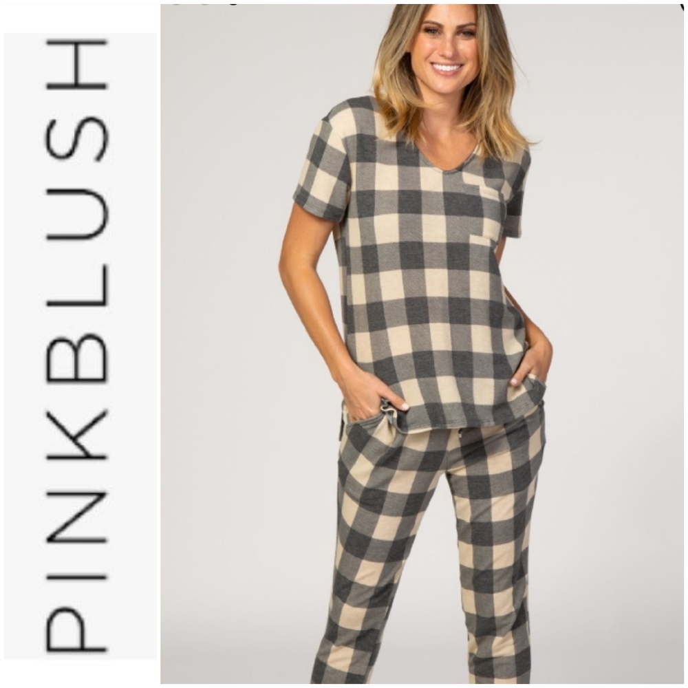 Pinkblush Beige Plaid Maternity Pajama Set